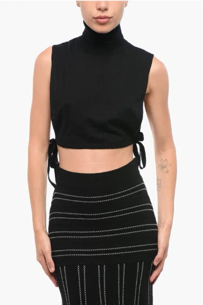 Elisabetta Franchi Cashmere Blend Top With Lace-up Detail In Brown