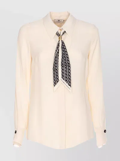 Elisabetta Franchi Casual Georgette Collared Neck Top With Logo Scarf In Neutral