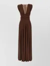 Elisabetta Franchi Celebrite V-neck Metallic Pleated Sleeveless Dress In Brown
