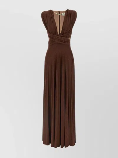 Elisabetta Franchi Celebrite V-neck Metallic Pleated Sleeveless Dress In Brown