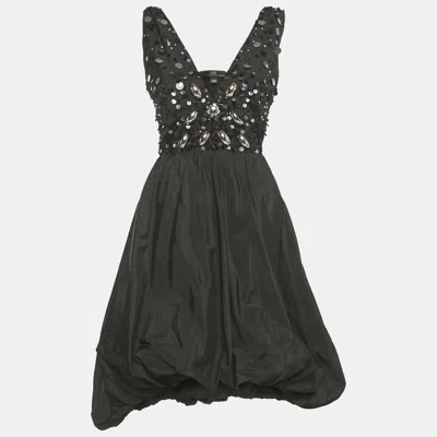 Pre-owned Elisabetta Franchi Celyn B. Black Embellished Taffeta Mini Dress M
