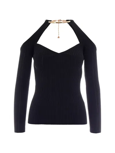 Elisabetta Franchi Off Shoulder Openwork Ribbed Knit Top In Black