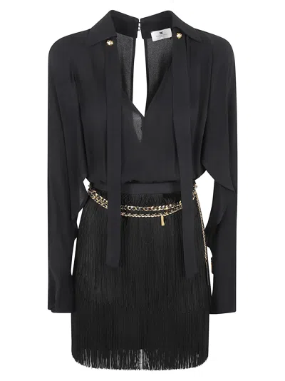 Elisabetta Franchi V-neck Open Back Chain Embellished Short Dress In Black