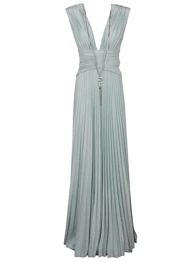 Elisabetta Franchi Chain-link Pleated Maxi Dress In Acqua