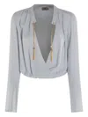 Elisabetta Franchi Draped Front Jumpsuit Gold Chain Detail In Gray