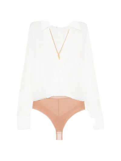 Elisabetta Franchi Long Sleeve Sheer Wrap Thong Bodysuit In Multi