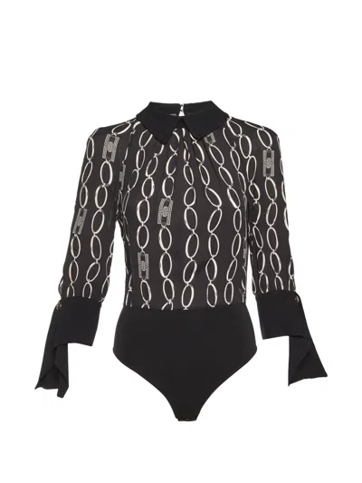 Pre-owned Elisabetta Franchi Chain-print Long-sleeve Bodysuit In Black