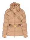 Elisabetta Franchi Piumino In Tessuto Vela Jacquard Con Cintura Honey In Nude