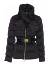 Elisabetta Franchi Jacquard Sail Fabric Down Jacket With Belt Black In Blue