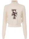 Elisabetta Franchi Chic Beige Long Neck Sweater With Burgundy Logo For Women In Burougnoir