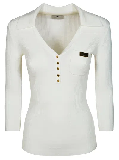 Elisabetta Franchi White Ribbed Deep V Shirt In Neutral