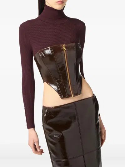 Elisabetta Franchi Coated Zip Bustier Top In Brown