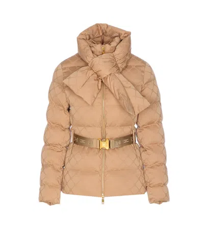 Elisabetta Franchi Quilted Down Jacket Removable Hood In Nude