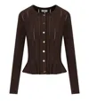 Elisabetta Franchi Peplum Hem Cardigan With Gold Logo Buttons And Sheer Panels In Brown