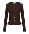 Elisabetta Franchi Peplum Hem Cardigan With Gold Logo Buttons And Sheer Panels In Brown