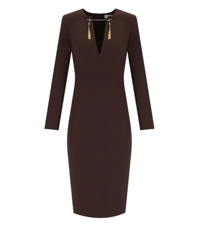 Elisabetta Franchi Coffee Sheat Dress With Tassels In Brown