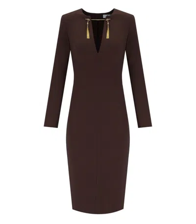 ELISABETTA FRANCHI COFFEE SHEAT DRESS WITH TASSELS