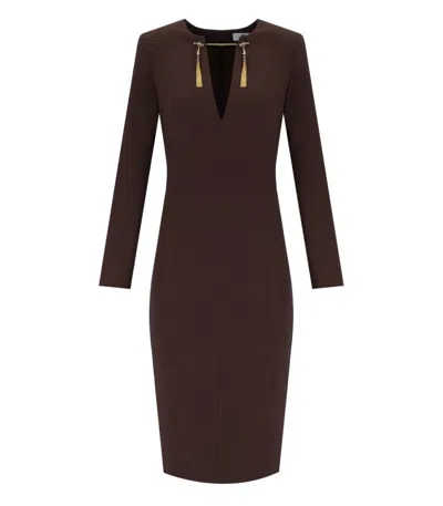 ELISABETTA FRANCHI COFFEE SHEAT DRESS WITH TASSELS