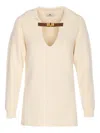 Elisabetta Franchi Knitwear With Buckle Detail And V-neckline In Neutral