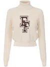 Elisabetta Franchi Chic Beige Long Neck Sweater With Burgundy Logo For Women In 中性色