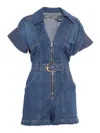 Elisabetta Franchi Mc Denim Short Jumpsuit With Belt Detail In Blue