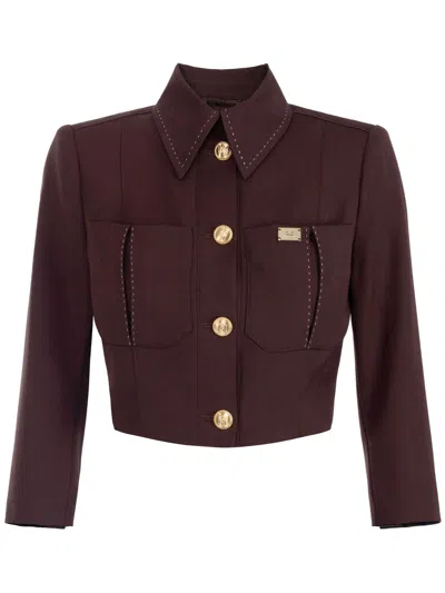 Elisabetta Franchi Contrast-stitching Wool Jacket In 褐色
