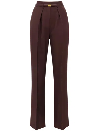 Elisabetta Franchi Contrast-topstitching Wool Straight Trousers In Brown