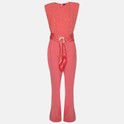 Pre-owned Elisabetta Franchi Coral Pink Polyester Belted Jumpsuit M