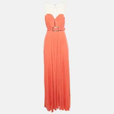 Pre-owned Elisabetta Franchi Coral Tulle Trim Peated Jersey Belted Dress L In Pink