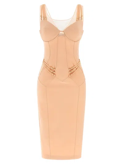 Elisabetta Franchi Tone-on-tone Tulle Insert Midi Corset Dress In Brown