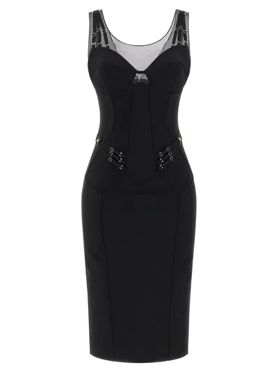 Elisabetta Franchi Corset-inspired Midi Dress With Tulle Inserts And Adjustable Straps In Black