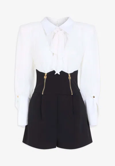 Elisabetta Franchi Corset-waist Belted Playsuit In Monochrome