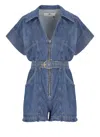 Elisabetta Franchi Mc Short Denim Monkey With Belt Detail In Blue