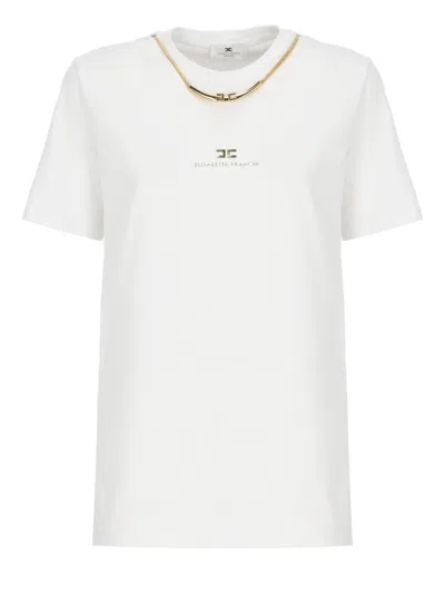 Elisabetta Franchi Cotton T-shirt With Removable Golden Chain Detail In White