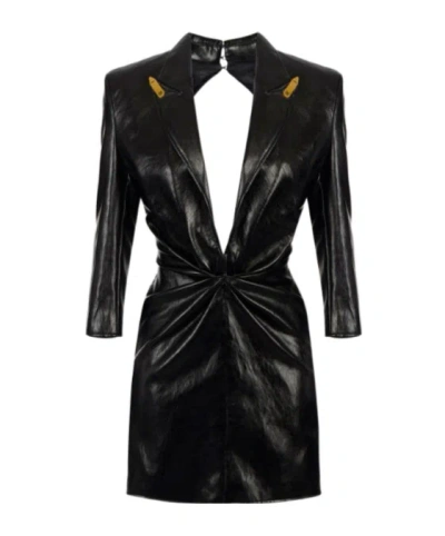 Elisabetta Franchi Crackled Leather-effect Dress With Lapels In Black
