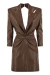 Elisabetta Franchi Crackled Leather-effect Dress With Lapels In Brown