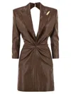Elisabetta Franchi Crackled Leather-effect Dress With Lapels In Brown