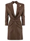 Elisabetta Franchi Crackled Leather-effect Dress With Lapels In Brown
