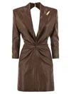 Elisabetta Franchi Crackled Leather-effect Dress With Lapels In Brown