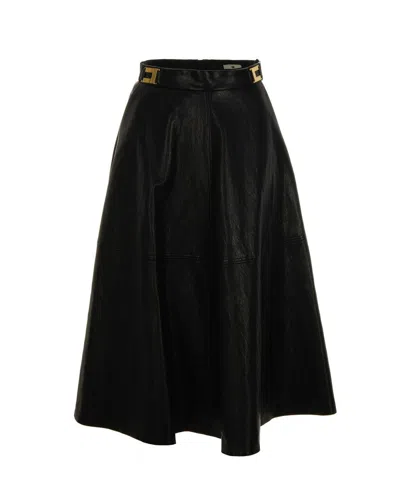 ELISABETTA FRANCHI CRAQUELÉ SKIRT WITH LOGO DETAILS - BLACK