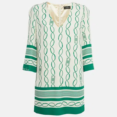 Pre-owned Elisabetta Franchi Cream Chain Print Crepe Mini Shift Dress M In White