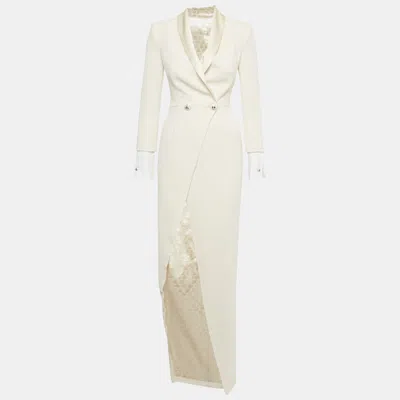 Pre-owned Elisabetta Franchi Cream Crepe Double Breasted Asymmetric Long Coat S In White