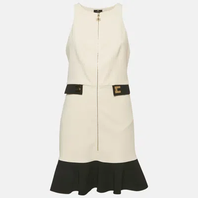 Pre-owned Elisabetta Franchi Cream Crepe Flounced Hem Mini Dress L In White