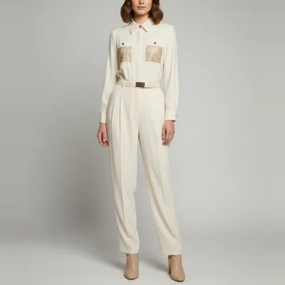 Pre-owned Elisabetta Franchi Cream Embellished-pocket Crepe Long Sleeves Jumpsuit M