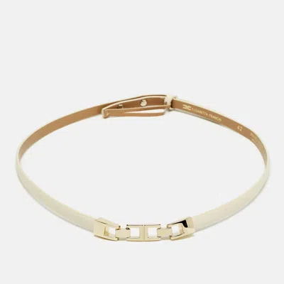 Pre-owned Elisabetta Franchi Cream Faux Leather Slim Belt 42 In White