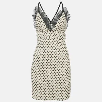 Pre-owned Elisabetta Franchi Cream Floral Print Crepe Ruffled Sleeveless Mini Dress S In White