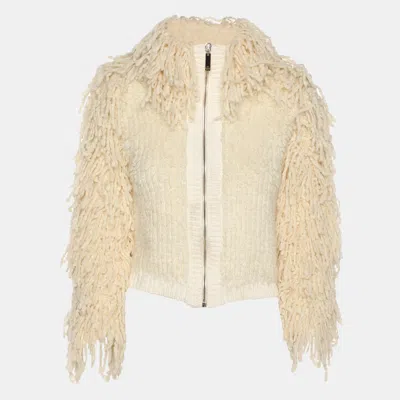 Pre-owned Elisabetta Franchi Cream Knitted Mohair Blend Fringes Cropped Jacket S In White
