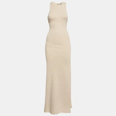 Pre-owned Elisabetta Franchi Cream Logo Embellished Knit Sleeveless Long Dress S In White