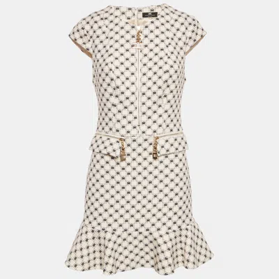 Pre-owned Elisabetta Franchi Cream Logo Print Crepe Sleeveless Mini Dress M In White
