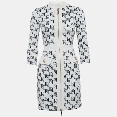 Pre-owned Elisabetta Franchi Cream Logo Print Stretch Crepe Bodycon Dress S